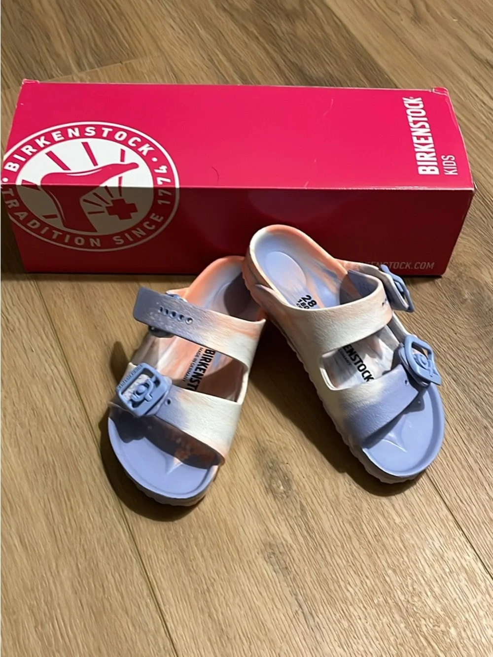 NEW NIB Birkenstock Arizona EVA Kids Sandals Sz 28 (K 10) Coral Peach Swirl